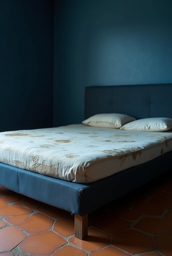 Create a bed whose base is not made of wood but of fabric and is dark blue and its mattress is white and has dull colors because of how old it is., that is broken from the corners in a subtle way, that the floor is made of tiles with geometric shapes in warm colors and the wall is dark blue, Take the photo 3 centimeters from the mattress, Focus only on the mattress and lower the brightness of the photo