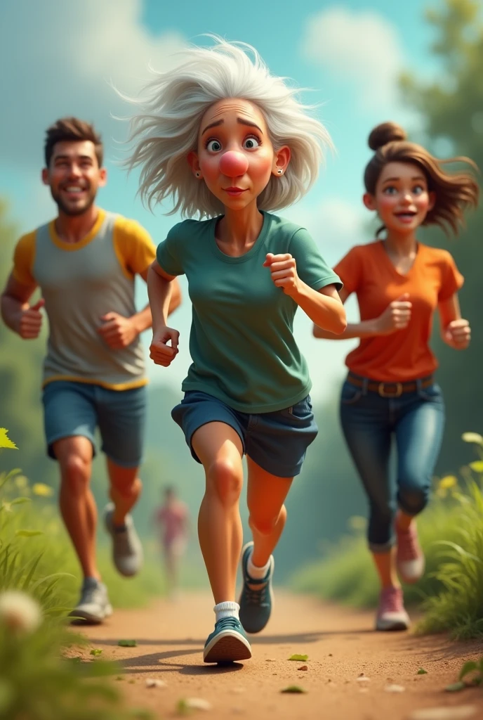 2 people running a white woman with a big nose

