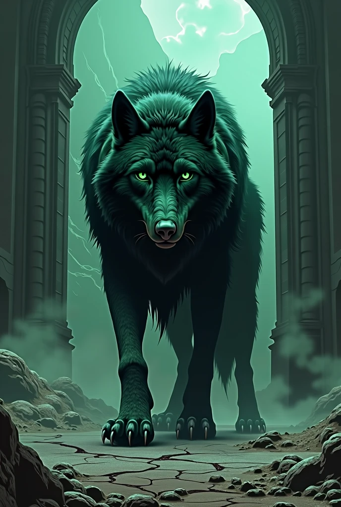 A giant black wolf with green eyes guarding the gates of the underworld