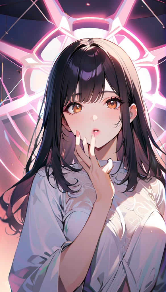 1woman, solo, medium straight hair, black Hair, brown eyes, be astonished, wear white blouse, pink lips, looking at viewer, light lips, upper body, opened mouth, put one's hand to one's mouth