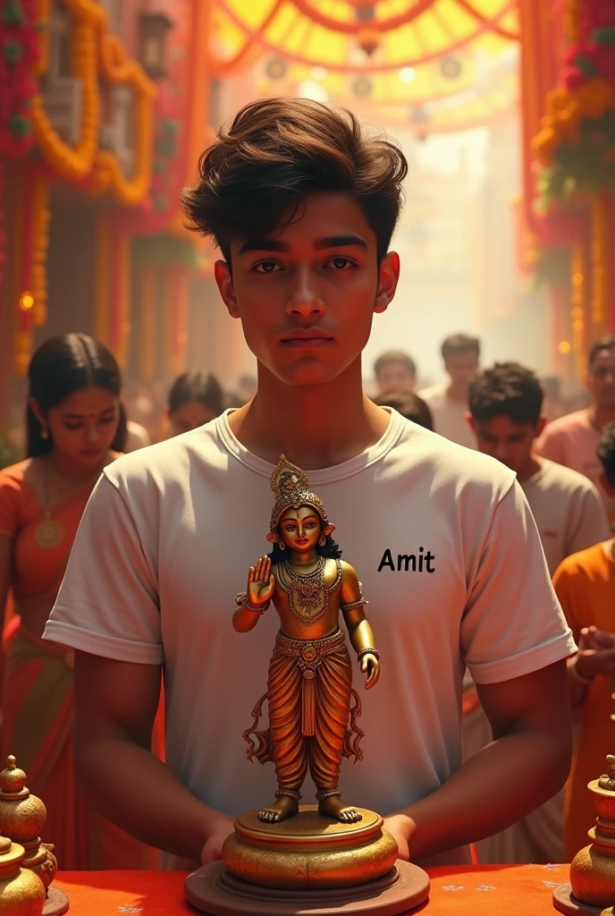 Janmashtami with a 20 year old boy in white t shirt colour name Amit on t shirt with krishna brass murti