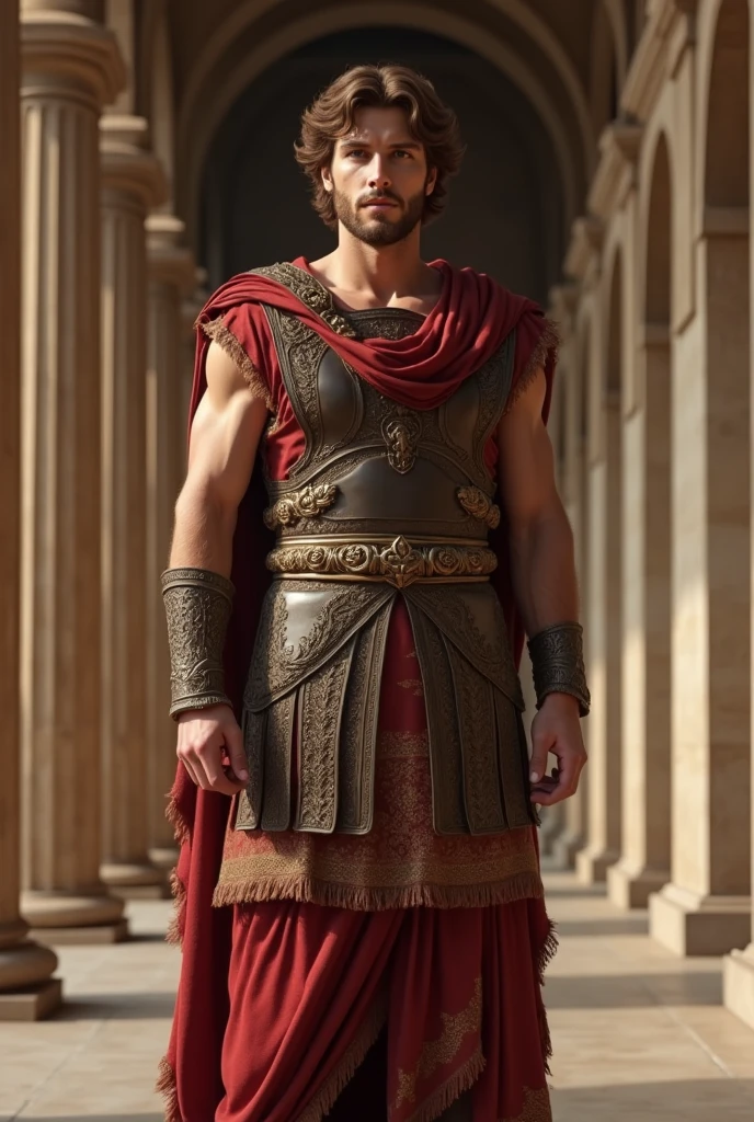 Front view , Full-body, looking at viewer, sole, great of king, Alexander , Empire of Greek, standing pose, stand in an ancient Greek palace, 30 years-old, handsome,( wave perm , brown hair , serious, ), normal body, ((An ancient Greek emperor wearing traditional imperial wear, body of leather armor and emboss of Apron face , shoulder and arm protector , red crock)), sandal, noon ,(Textured skin , HI Detail Skin, (Shorthand, Canon, 8k, Anatomically correct, Super Detail, Attention to detail, Your Highness)