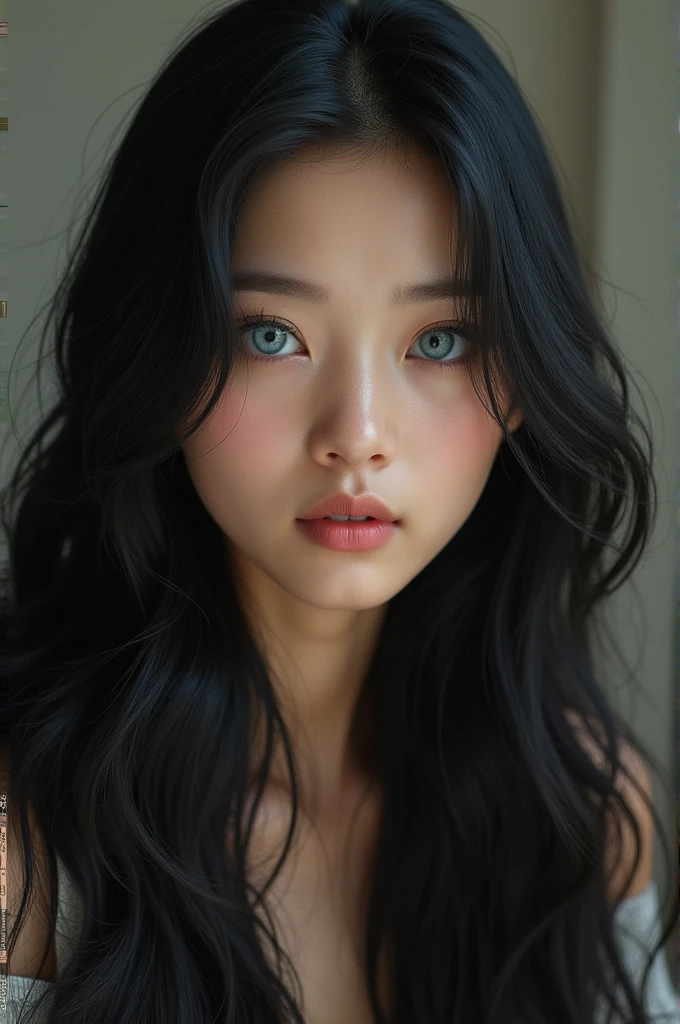 Realistic woman with black hair and blue eyes