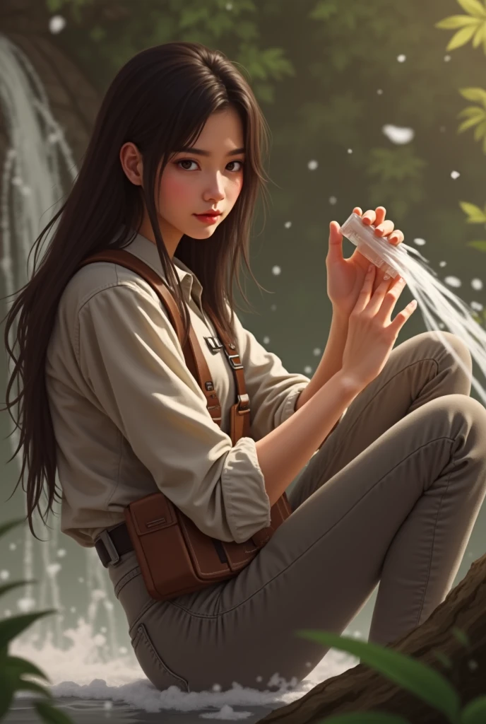 In the dense forest, a young Thai woman wearing a white shirt over a gray jacket, jeans, a shotgun slung over her waist, a belt in a holster, and her long, flowing hair crouched down, waving a waterfall over her face to wash it.