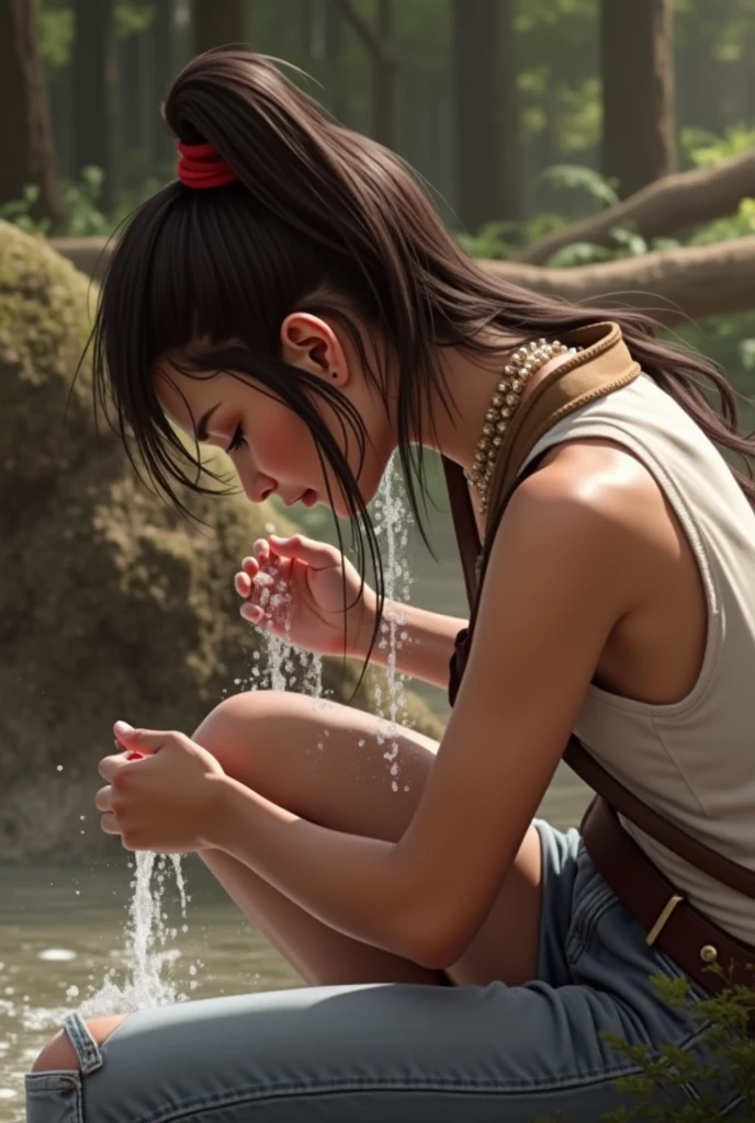 In the dense forest, a young Thai woman wearing a white shirt over a gray jacket, jeans, a shotgun slung over her waist, a belt in a holster, and her long, flowing hair crouched down, waving a waterfall over her face to wash it.
