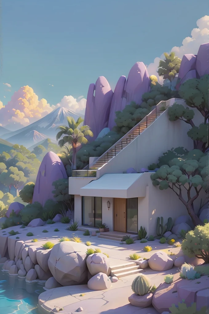 small and beautiful modern house in top of big boulders, terraces, pool, stairs, multiple cacti gardens, palms, trees, rocks, beautiful landscape design, mountains and volcano y background, amazing clouds, sun, moon, planets, milky way galaxy, concrete, wood, glass and steel materials, olive green, violet, orange and withe colors in facade
