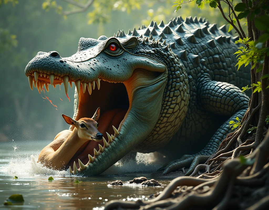 We need an image in which a big crocodile has filled a deer in its mouth, a high quality image