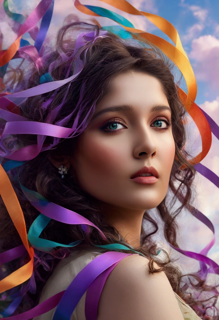 {{cute women}}, floating female figure made of ribbons, smoke, in the sky, colorful and vibrant, mystical colors, contemporary impressionism, women portrait painting, iridescent painting, 3/4 perspective view, cute face, low angle, sweeping circling composition, large beautiful crystal eyes, big irises, UHD, HDR, 8K, (Masterpiece:1. 5), (the most beautiful portrait in the world:1.5) ritika