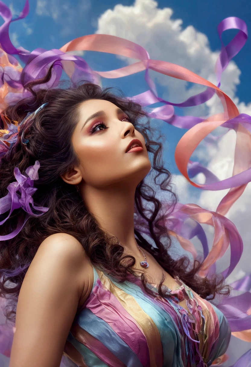 {{cute women}}, floating female figure made of ribbons, smoke, in the sky, colorful and vibrant, mystical colors, contemporary impressionism, women portrait painting, iridescent painting, 3/4 perspective view, cute face, low angle, sweeping circling composition, large beautiful crystal eyes, big irises, UHD, HDR, 8K, (Masterpiece:1. 5), (the most beautiful portrait in the world:1.5) ritika