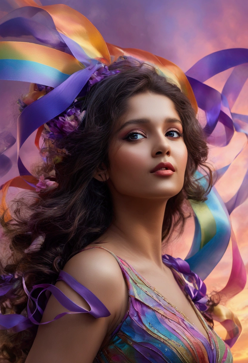 {{cute women}}, floating female figure made of ribbons, smoke, in the sky, colorful and vibrant, mystical colors, contemporary impressionism, women portrait painting, iridescent painting, 3/4 perspective view, cute face, low angle, sweeping circling composition, large beautiful crystal eyes, big irises, UHD, HDR, 8K, (Masterpiece:1. 5), (the most beautiful portrait in the world:1.5) ritika 