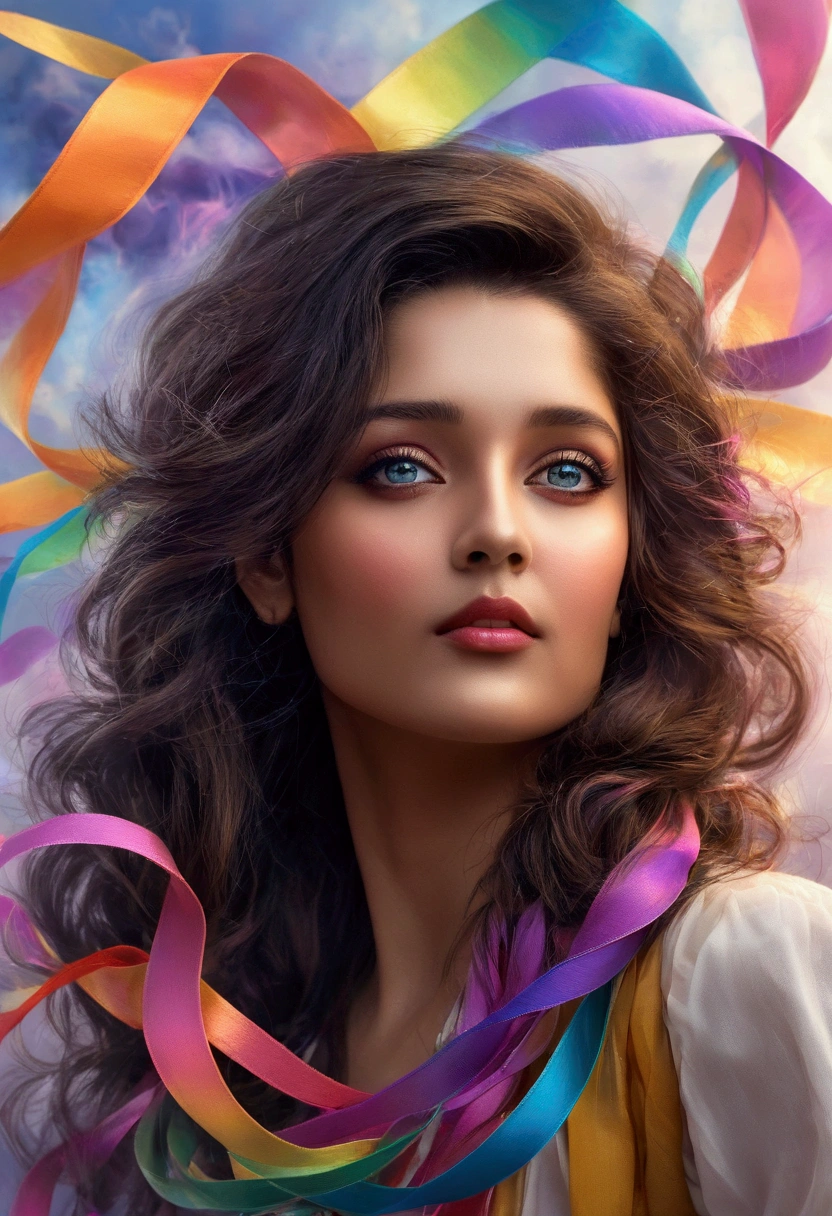 {{cute women}}, floating female figure made of ribbons, smoke, in the sky, colorful and vibrant, mystical colors, contemporary impressionism, women portrait painting, iridescent painting, 3/4 perspective view, cute face, low angle, sweeping circling composition, large beautiful crystal eyes, big irises, UHD, HDR, 8K, (Masterpiece:1. 5), (the most beautiful portrait in the world:1.5) ritika