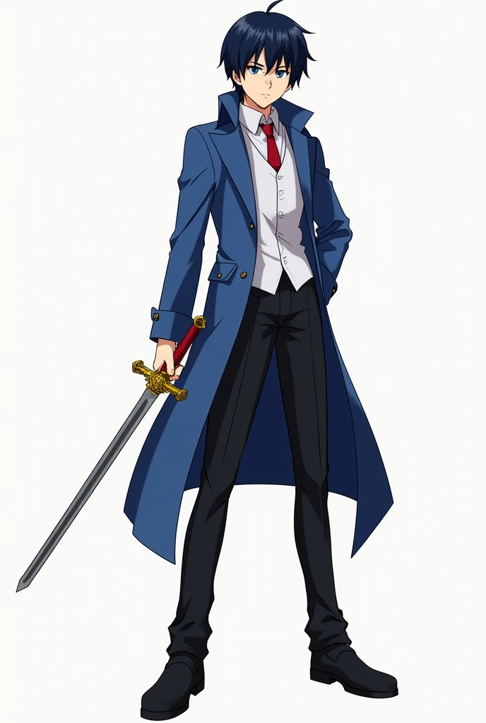 Zeronno, Hiraga Saito, 2d, anime, holding Derflinger(his sword) dressed in blue trench coat, Black pants, White shirt, hidden red tie, black shoes, blue eyes, semi large, Whole body, raven hair