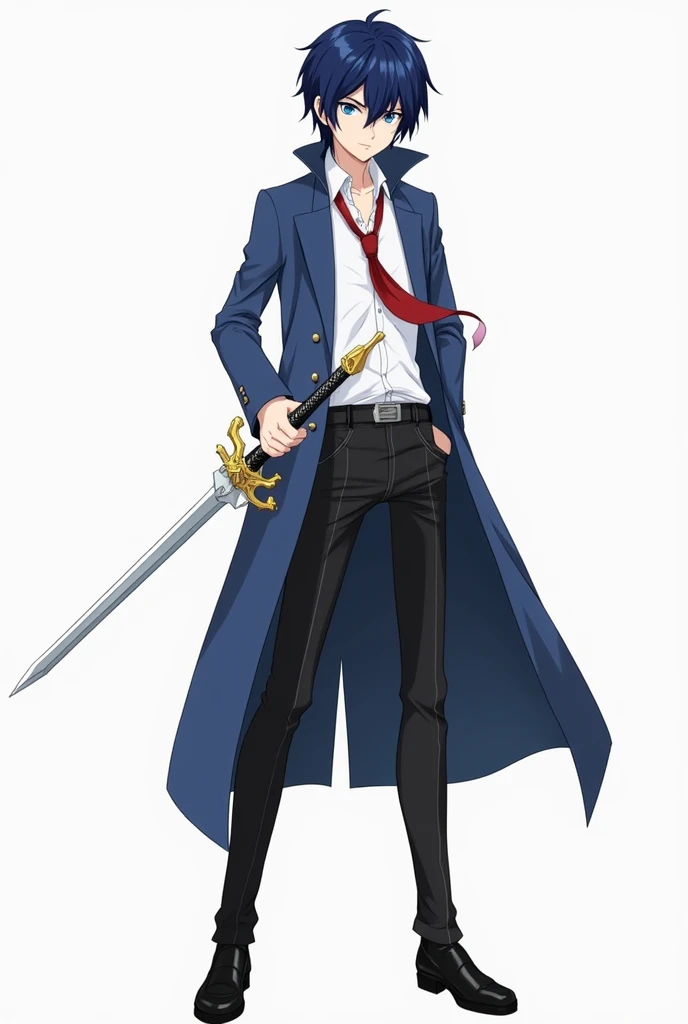 Zeronno, Hiraga Saito, 2d, anime, holding Derflinger(his sword) dressed in blue trench coat, Black pants, White shirt, hidden red tie, black shoes, blue eyes, semi large, Whole body, raven hair