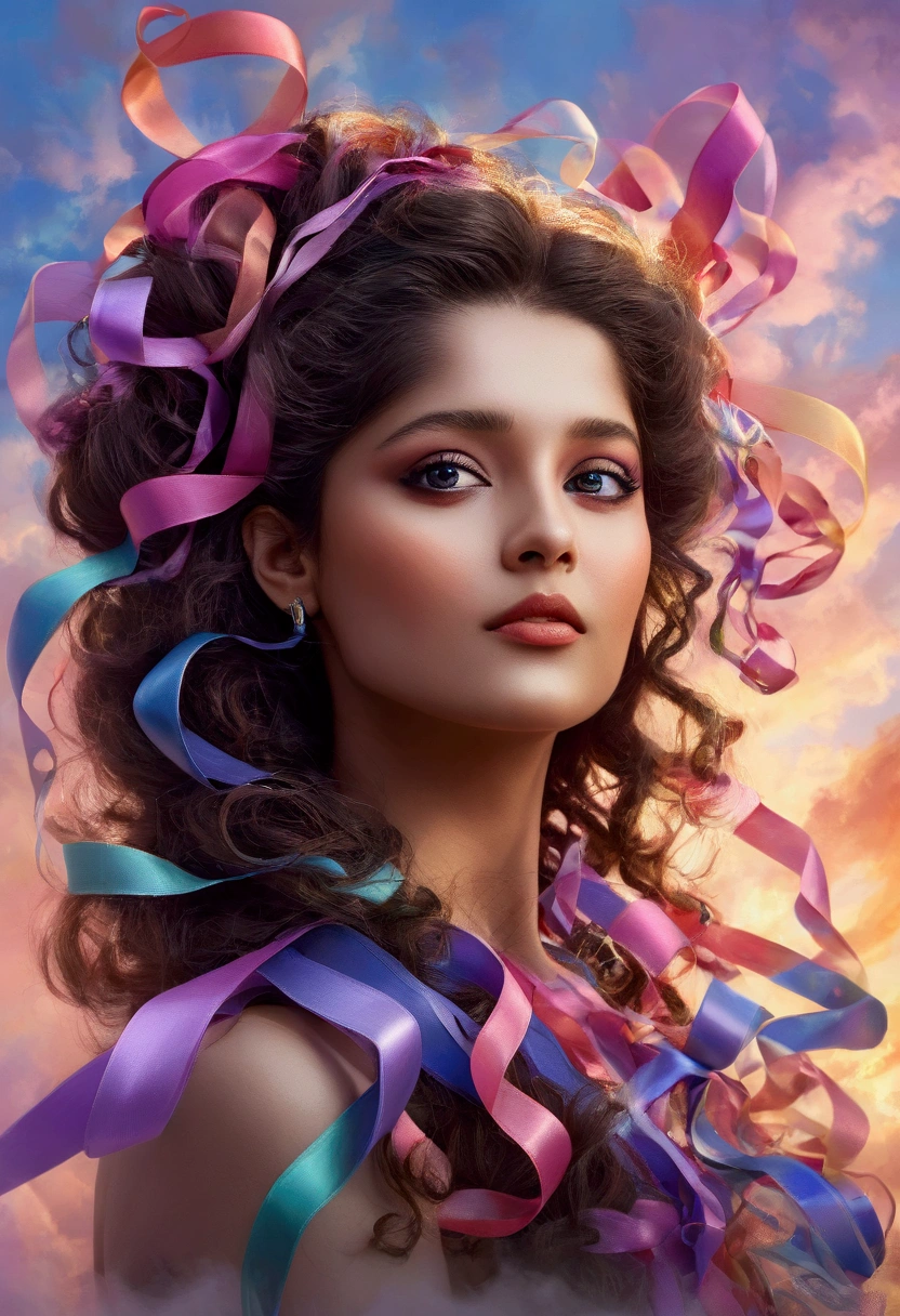 {{cute women}}, floating female figure made of ribbons, smoke, in the sky, colorful and vibrant, mystical colors, contemporary impressionism, women portrait painting, iridescent painting, 3/4 perspective view, cute face, low angle, sweeping circling composition, large beautiful crystal eyes, big irises, UHD, HDR, 8K, (Masterpiece:1. 5), (the most beautiful portrait in the world:1.5) ritika