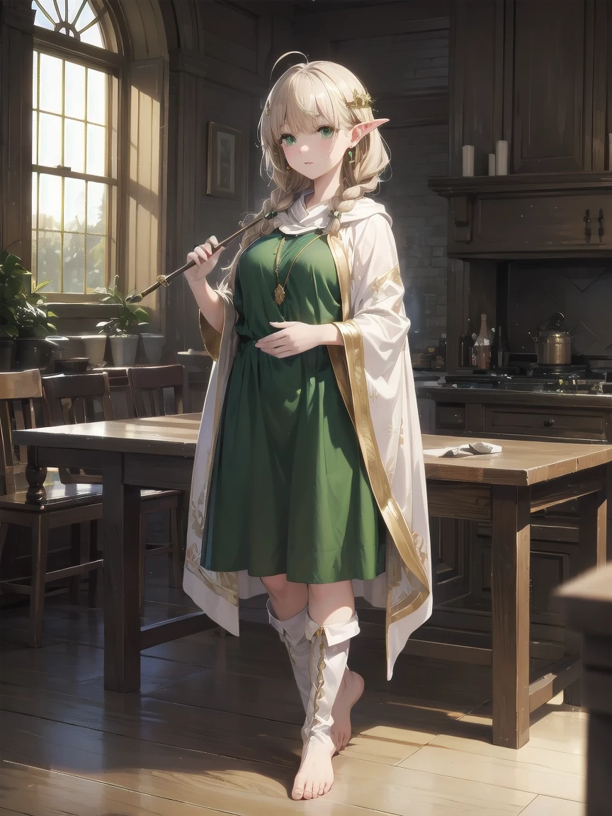 (original character、Unity 16k wallpapers, table top, highest quality, super detailed, Highly detailed CG, caustics, cinematic lighting, be familiar with, detailed and beautiful eyes, alone、oily skin), ultra high resolution, fine skin, (goblin, Plump), (strong light)、((brighten the subject))、cute goblin、 same:1.4、Shiny Valley、white skin、green eyes、brown short wavy hair、Ahoge、long braid, long sideburns:1.4 、gold hair ornament、crystal earrings、long revealing green dress、gold accessories、white cloak、gold accessories、has a cane、ruins in the background、barefoot boots