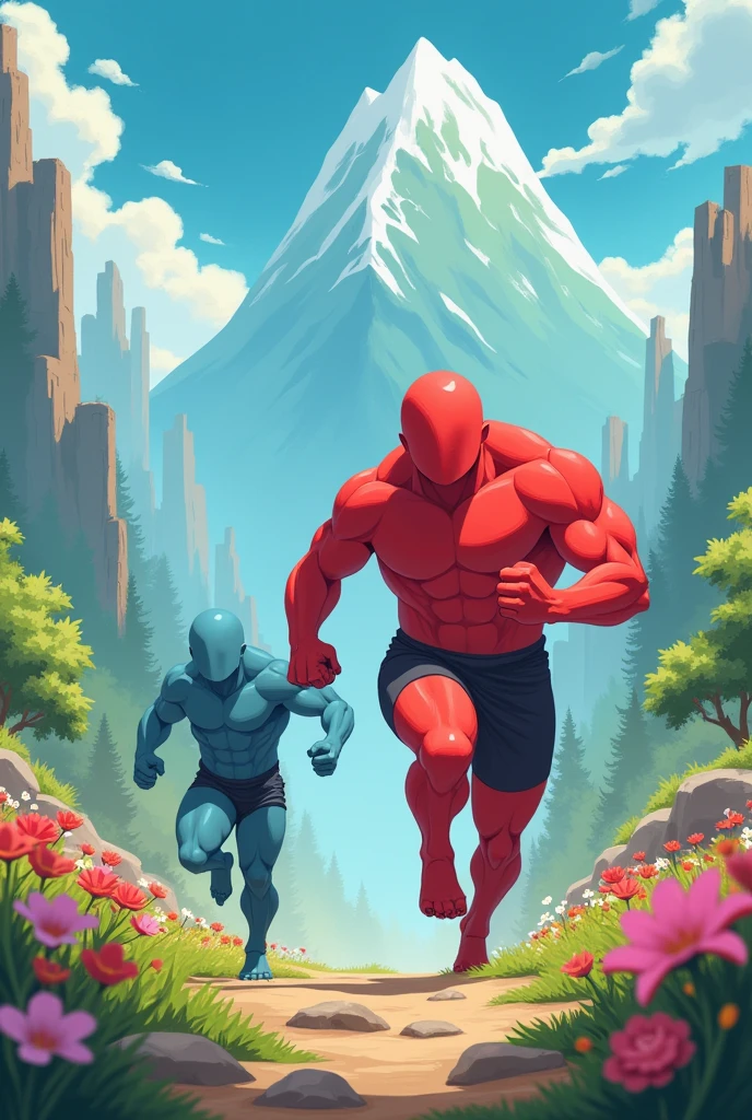 draw to and create two cute characters, they must be formless non-human beings like anime . Strength and Movement they are friends adventurers and super brave. Strength robust red and Movement light blue, these on a fantastic land with forests, mountains and flowers, with running poses
