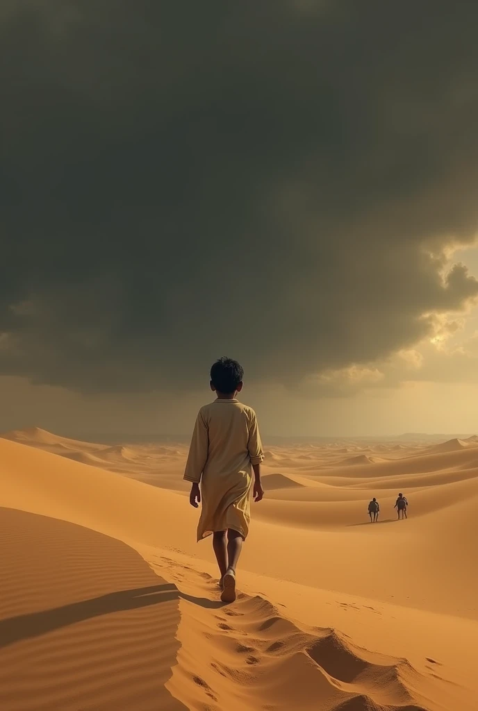 A indian boy walking in a desert. Back side view. Dark sky