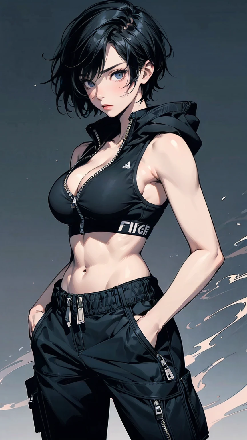 Angle from below, A woman with her hands in her pockets, Asymmetrical Short Hair, Sports bra and zippered hoodie, cargo pants, Perfect body, , Exposed cleavage, Ae abs, abstract design, Smoke flickering background, Anime Style, Digital Painting, (masterpiece, High resolution, Highest quality)