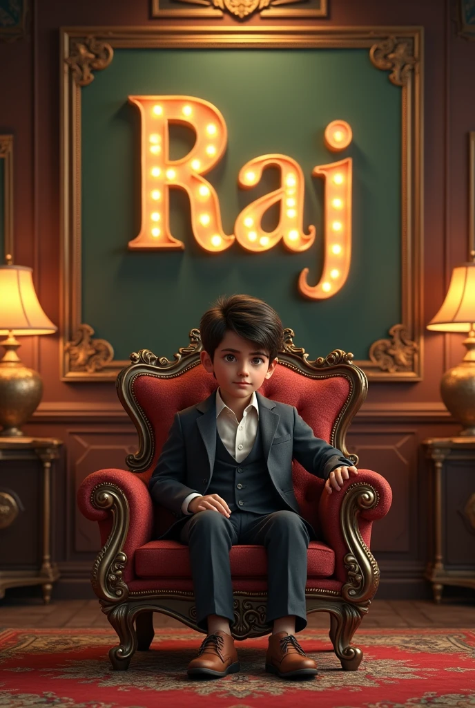 A boy sitting in chair and in wall Raj has been written . He is very rich