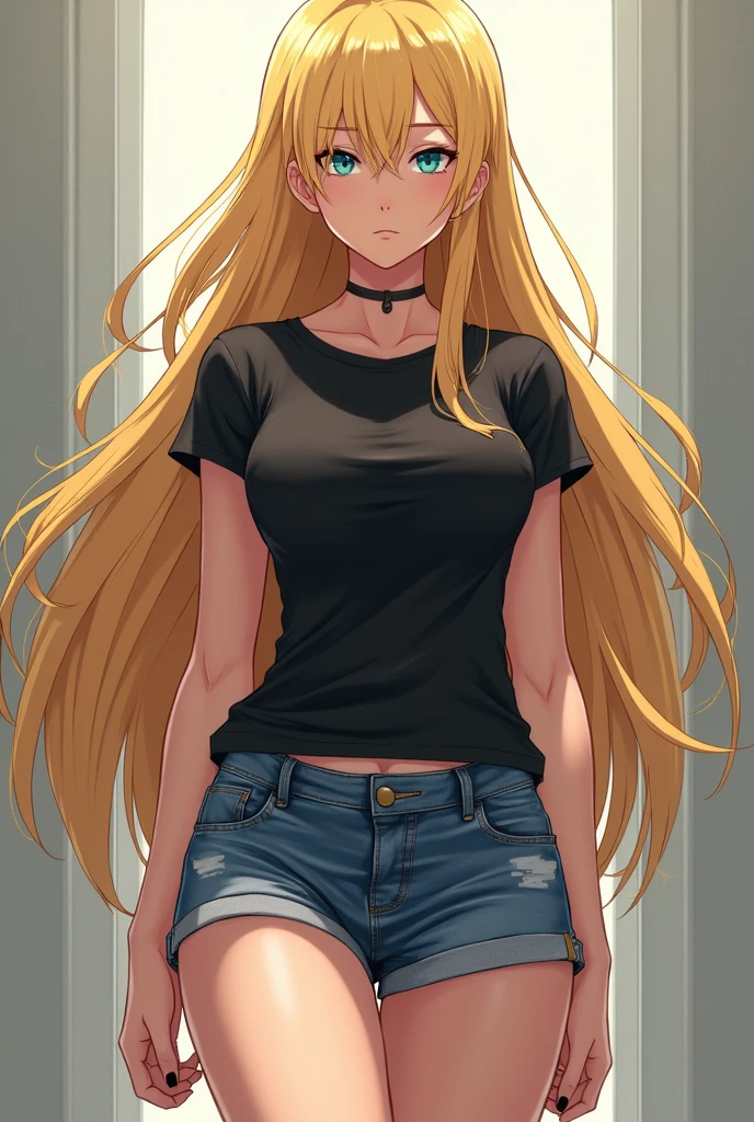 Blonde anime girl in black t shirt and denim shorts dominating you