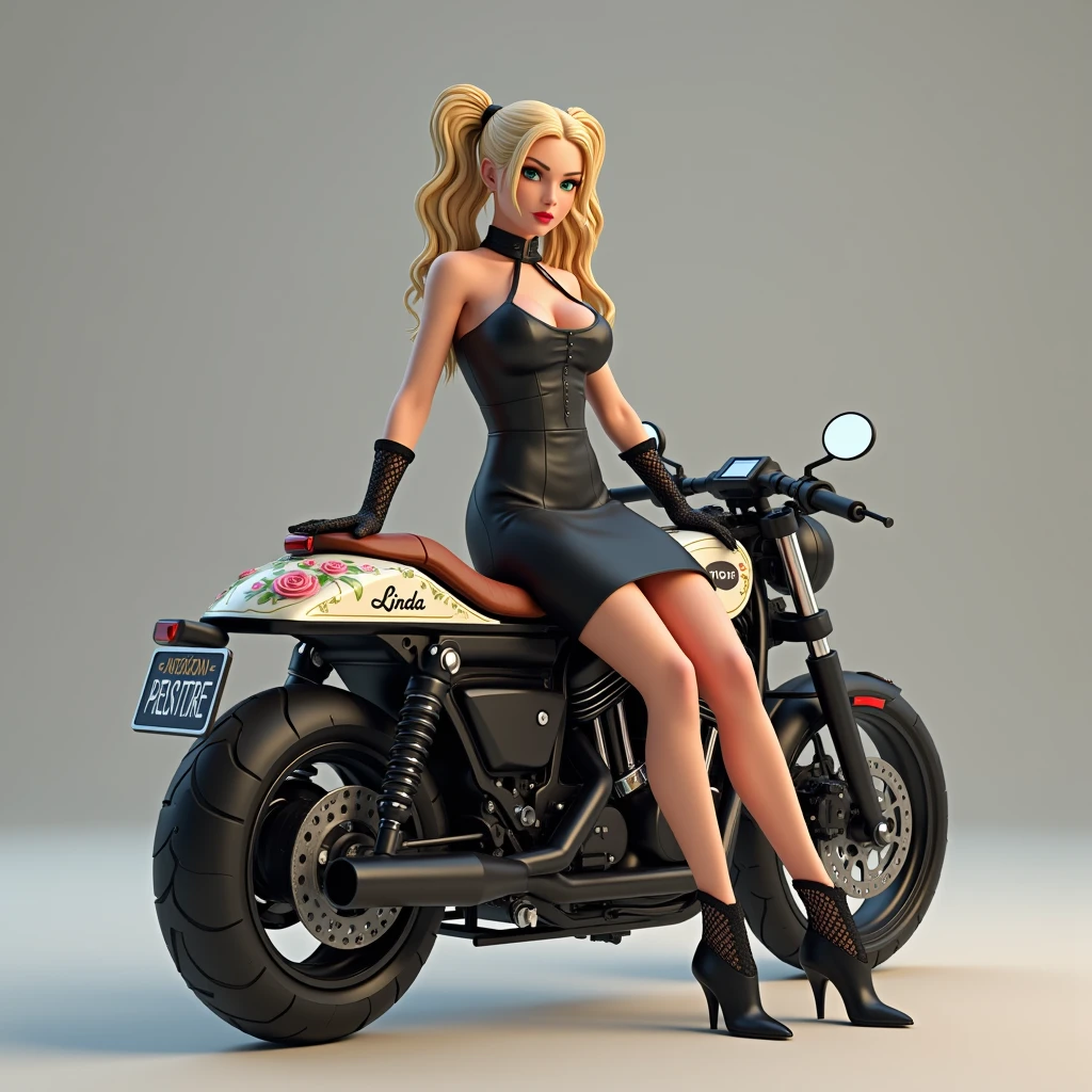 A digitally 3d rendered image of a female character with long wavy blonde hair tied in two ponytails. She is wearing a black dress, black lace gloves, and black ankle boots. The female character is sitting confidently on a detailed motorcycle. The motorcycle has a design featuring roses and the word 'LINDA' written on it. The background is neutral.