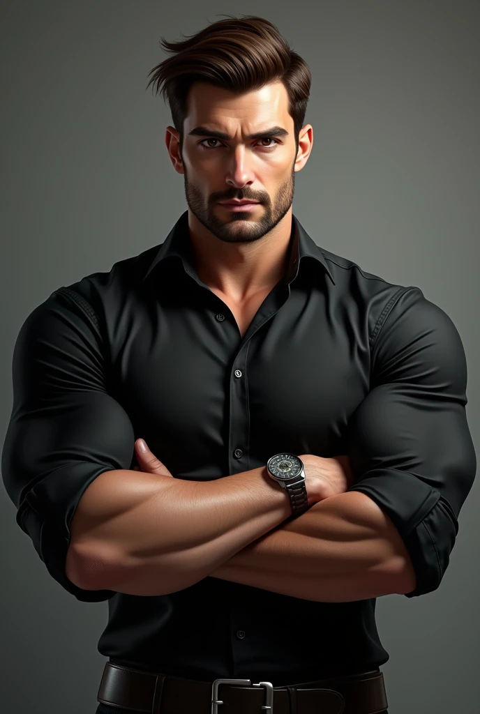 create a man with his arms crossed who is strong, but not so much, Let it be noted that he goes to the gym, with brown hair, and white complexion, Wear a black button-down shirt that is rolled up to the elbows , and light brown eyes and with a dominant aura and that is cold