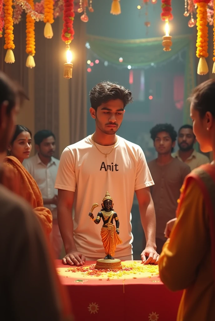 Janmashtami  with a 20 year old boy in white t shirt colour name Amit on t shirt  with krishna brass murti 