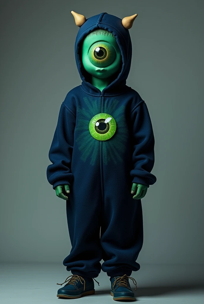 I want a costume for an  boy that is a dark blue jumpsuit and in the center has a green eye attached with velcro that can be taken off and put on
