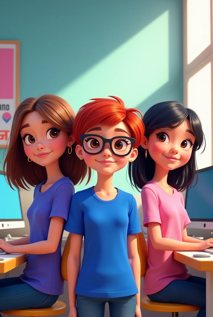 Pixar-style poster of three girls with brown eyes, A girl with medium-length brown hair and a royal blue shirt of medium height, another girl with short red hair with black glasses, short royal blue t-shirt and another girl with medium-long black hair wearing a pink t-shirt in an office with two desks, two computers and a poster with the word Tekuno