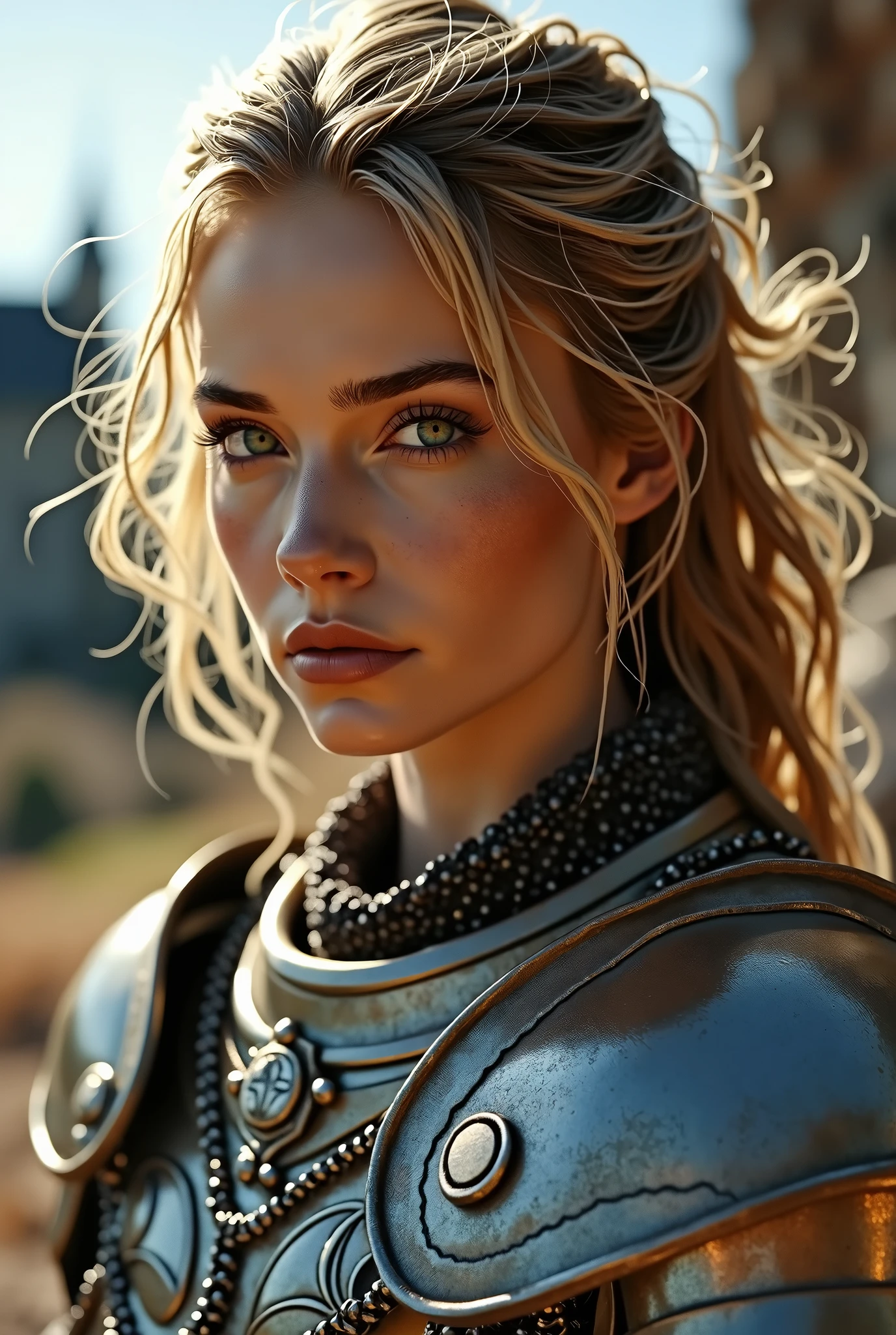 (masterpiece), (extremely intricate:1.3), (realistic), portrait of a girl, the most beautiful in the world, (medieval armor), metal reflections, upper body, outdoors, intense sunlight, far away castle, professional photograph of a stunning woman detailed, sharp focus, dramatic, award winning, cinematic lighting, octane render unreal engine, volumetrics dtx, (film grain, blurry background, blurry foreground, bokeh, depth of field, sunset, motion blur:1.3), chainmail