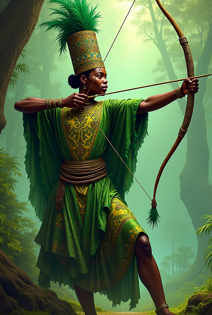 Orisha Oxossi shooting arrow in green and white tunic,Hat with feathers