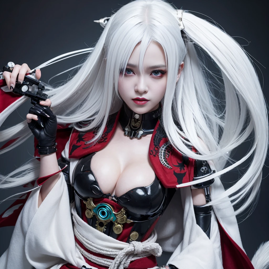 Monster woman, kimono, mechanical limbs, white hair, eye on forehead