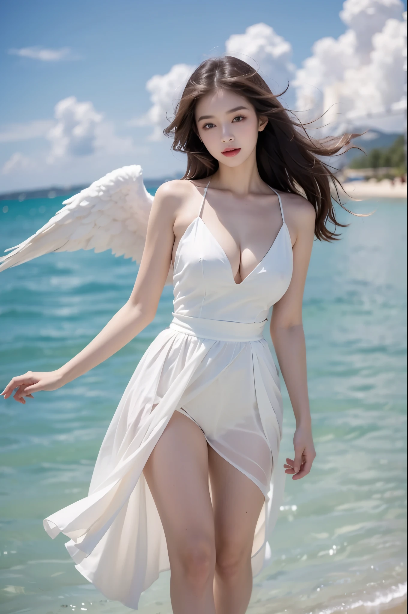 Angel , 1 Girl, whole body, Elegantly, Her plump breasts are on display.,Visible cleavage,Sexy long legs,Exquisite makeup,Blush,Shy expression,Her skin is flawless,She gently lifted her skirt with one hand,Make gentle and playful gestures, The skirt is short, seaside, Walking in shallow water,wave拍打在她的身上, whole body湿透 沙滩, wave, Blue sky and white clouds, close up,Focus on the role,Ultra HD,best quality,Sony Master Lens,The color is pastel,Warm colors,Emphasis on natural beauty and elegance,Cute girl,High Detail,best quality,rich and colorful