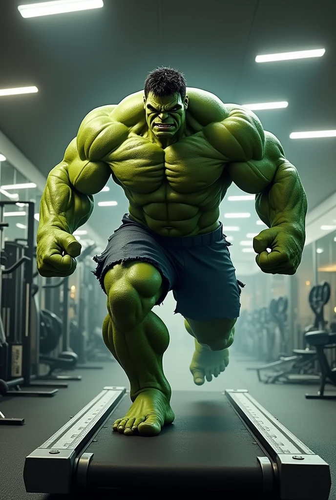 Create an image of the incredible Hulk in a gym doing cardio
