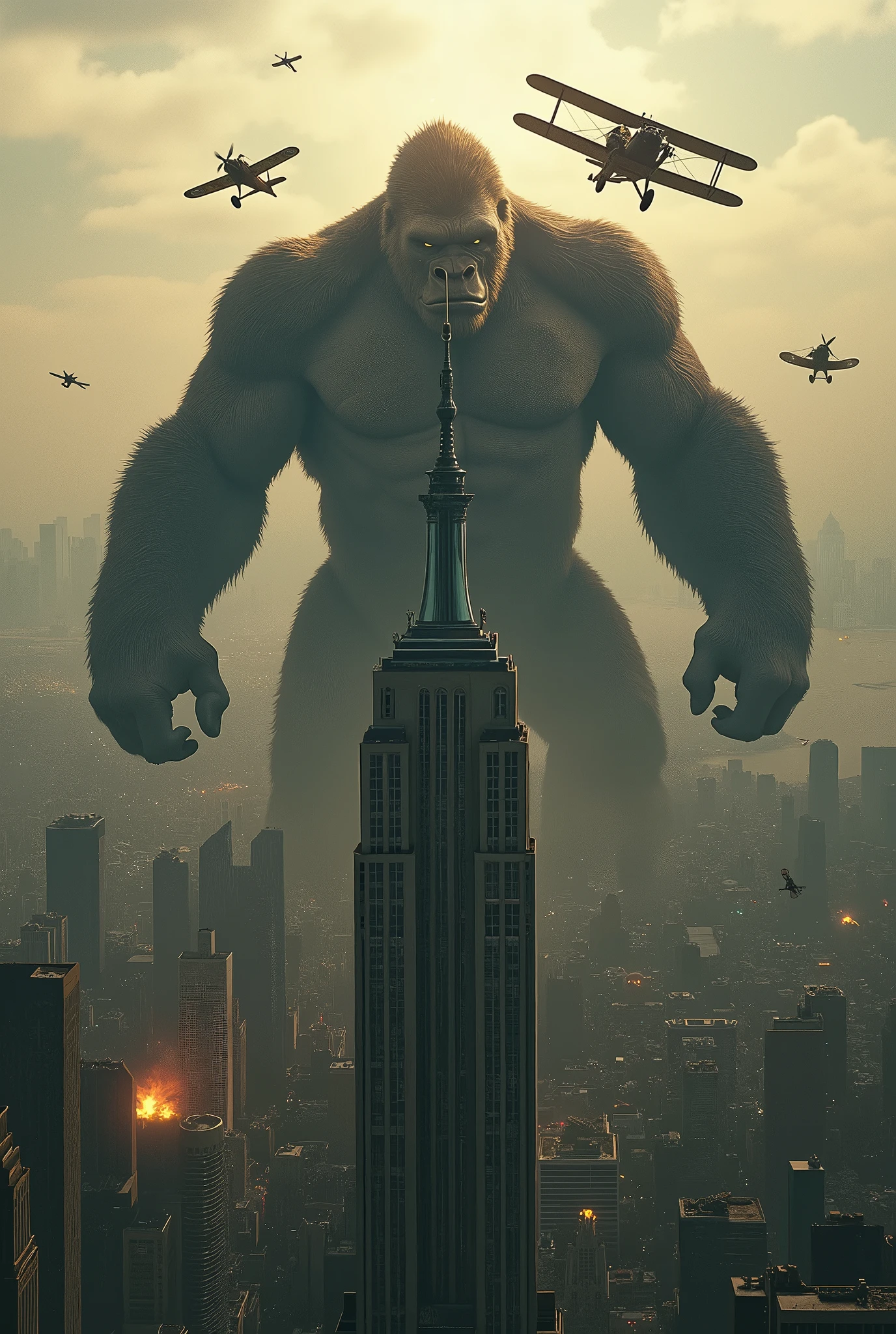 Add biplanes flying around Kong’s head, with some firing at him, to emphasize the battle scene on the Empire State Building.
- Include a faint silhouette of the Skull Island jungle behind Kong to hint at his origins and add depth to the image.