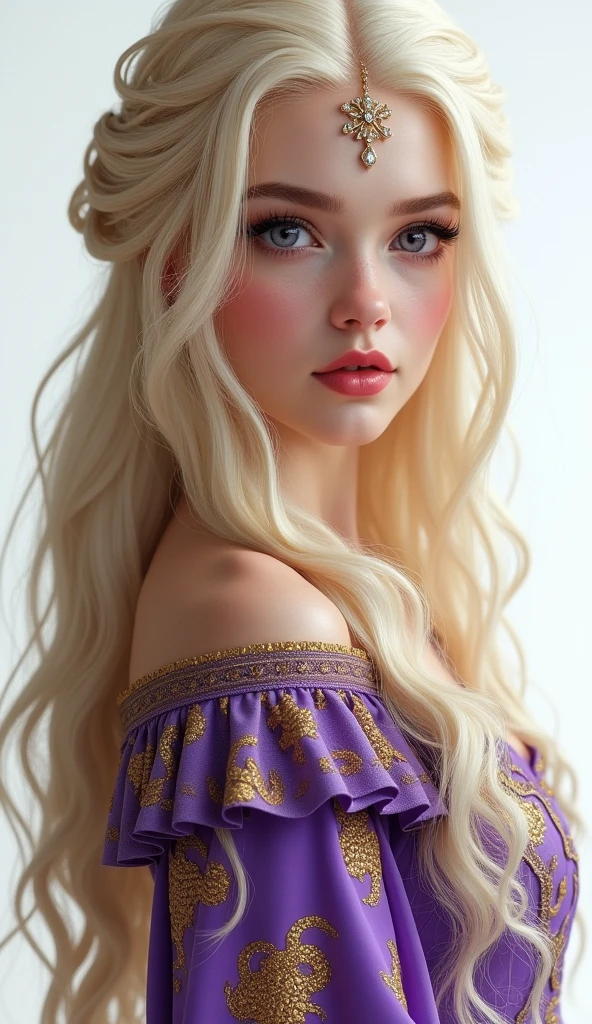 1 girl, full body shot (1.3),close up face shot (1.3), face shot, corridor,Soft Light, Targaryen Beauty,dress,Light-haired,long hair,
 white background, gorgeous Targaryen girl, with thick and long wavy the palest of gold glossy hair, big and large wide shaped deep purple bright eyes, long and thick curly golden eyelashes, upturned nose, high nose bridge, fullest and plumpest pouty rosy red luscious lips, oval face shape, shorter face, shorter chin, tiny face size, pale milky white traslucent perfect skin, whitening skin, hourglass voluptuos shaped body, tiny and narrow waist, rounded hips, long and slender beautiful legs, big perfect brests (1.4), large breasts, bust size 84 cm, waist 60 cm, hips 86 cm, bra size 32 C, tall at 5’7, full body image, realistic, photorealistic, ultradetailed, skin texture, hyperealismHigh Resolution, Closed Mouth, highly detailed, high resolution 8K, wearing a Targaryen princess dress with intricate golden dragons dancing sewed on the purple dress dress highliting her horglass body, detailed jewlry, 18-years-old