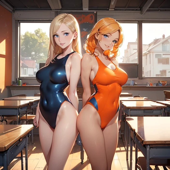(Masterpiece), (HD), (High Resolution), (Best quality and very detailed), (Perfect Anatomy), (Fantasy Genre), (Anime style), (Highest resolution and Quality)
{{(1character:60 years Blonde lady milf citizens:(pale skin, blue eyes, straight medium dark blonde hair, beautiful features, absolute beauty and feminity, nice body, beautiful arms, beautiful legs, beautiful hips, big breasts, simple nose, simple lips),(orange one-piece swimsuit, orange heeled shoes),(funny personality, clumsy demeanor, naive, smiling gentlely, cheerful pose with cool vibes),(painting classroom, red colored walls, a black colored desk in the back, round windows, night time, lights turned on at the classroom))}}
