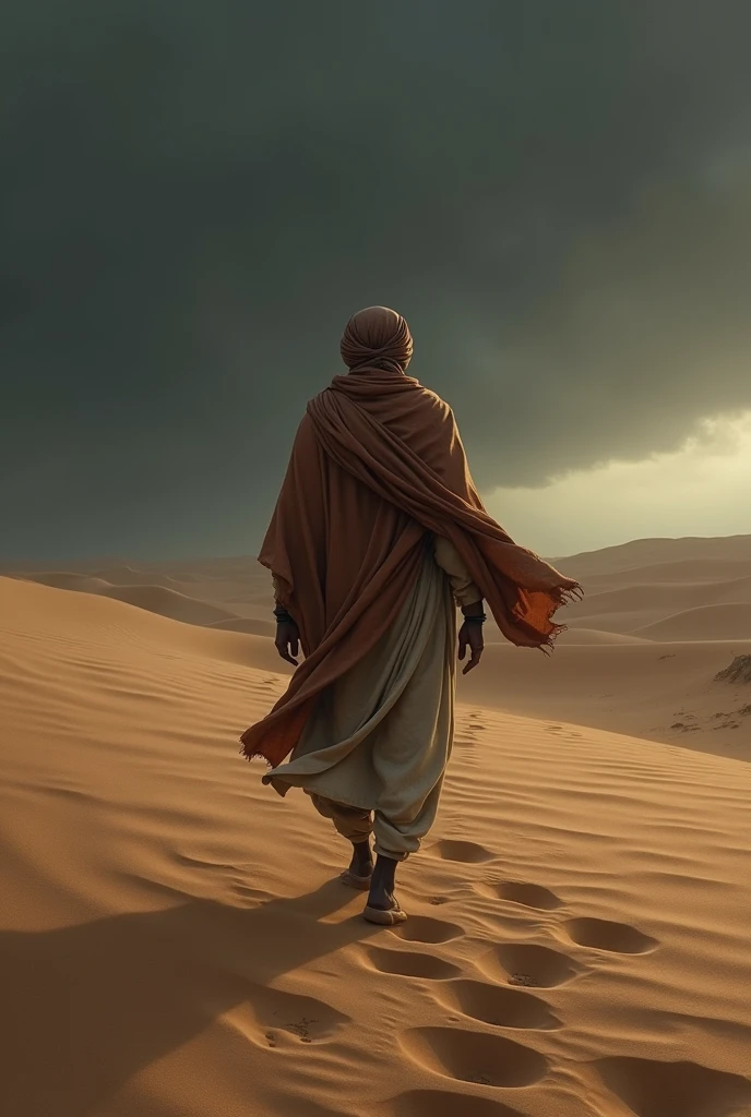 An indian walking in a desert. Back side view. Dark sky