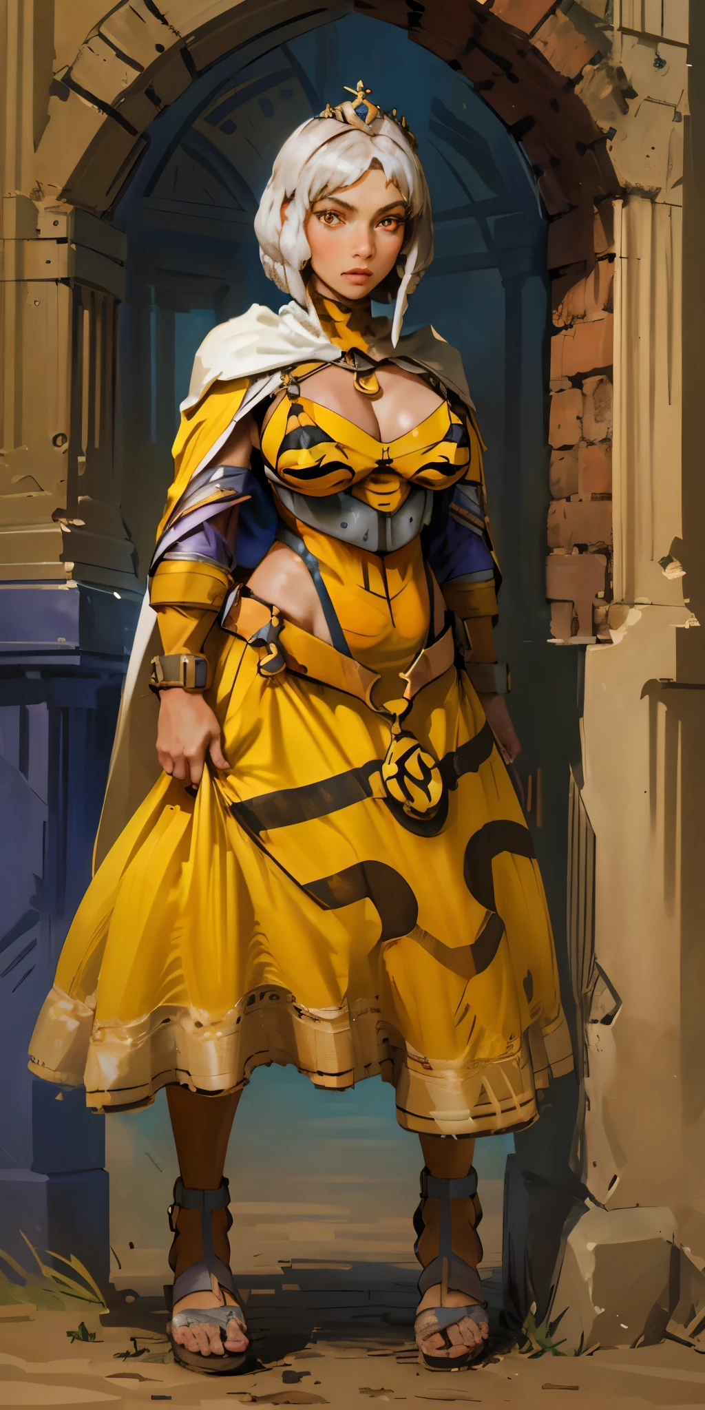 1solo female full body standing straight symmetrical with two long thighs and two metal sandals, red eyes like rubies, looking to the viewer, silver white hair, short bob style hair, big knockers breastplate, breastplate, cleavage, tiara royal, long cape up to two feet, yellow bikini (yellow tiger stripes)