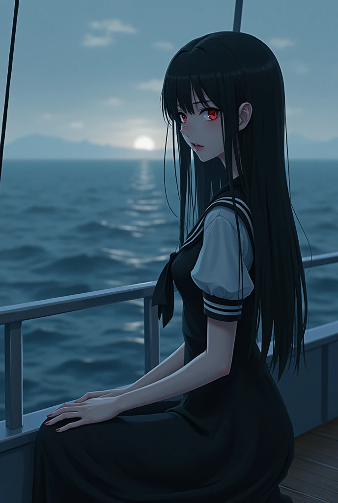 anime style image , 20 year old vampire woman, long straight black hair, red eyes, dressed in a dressed in a sailor dress, on a boat looking at the sea