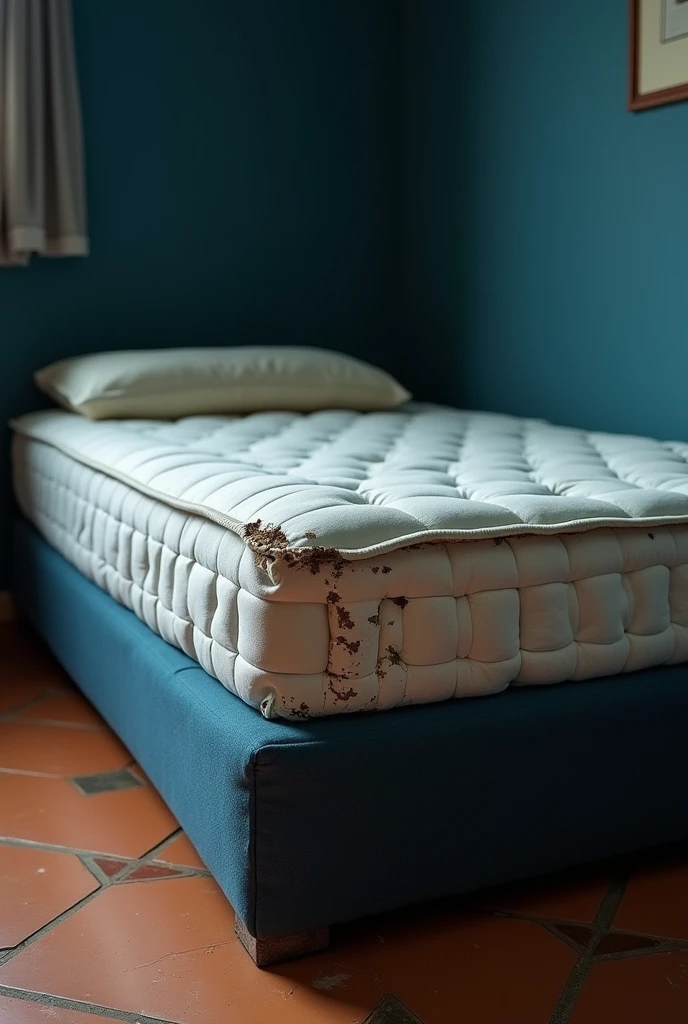 Create a bed whose base is not made of wood but of fabric and is dark blue and its mattress is white and has dull colors because of how old it is., that is broken from the corners in a subtle way, that the floor is made of tiles with geometric shapes in warm colors and the wall is dark blue, Take the photo 3 centimeters from the mattress, genital take to the mattress, Focus only on the mattress and lower the brightness of the photo.