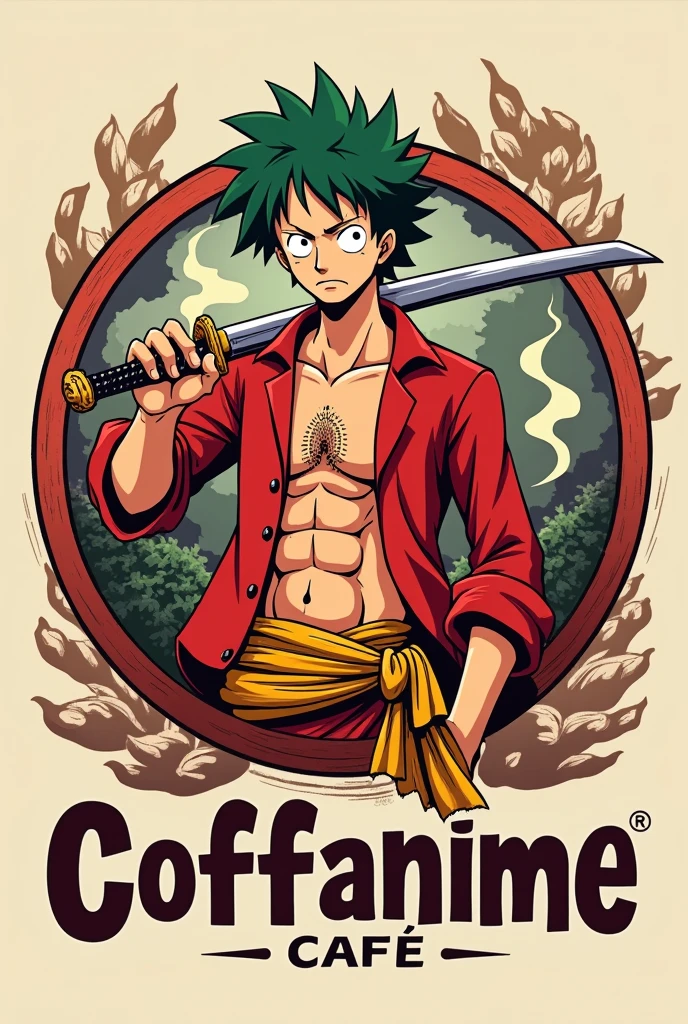 I want a logo for a coffee shop where there is anime-themed coffee., The cafeteria is called "COFFANIME" and I want Roronoa Zoro to appear as the image of my cafe