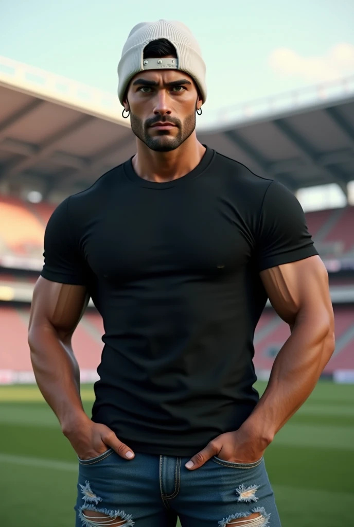 (photorealism:1.2), (8k) (detailed) (Whole body) facial features: Square face with a marked jaw, prominent cheekbones and thick, dark eyebrows. Adds youthfulness to your appearance.hair: hair oscuro, usually combed back or styled slightly tousled, which can vary between short and medium.eyes: eyes verdes oscuros, with a penetrating look that expresses confidence, with hoops on each side.Complexion: delgado, Athletic and well defined. Height 1.80, which gives it an imposing presence.style: Your style of dress: black t-shirt with a white wool hat, ripped jean pants.Skin tone: Skin tone bronceado, typical of the Mediterranean.Expression: He usually has a serious or concentrated expression., Although he can display a charming and confident smile.(standing in a bold pose looking at the camera next to a stadium)