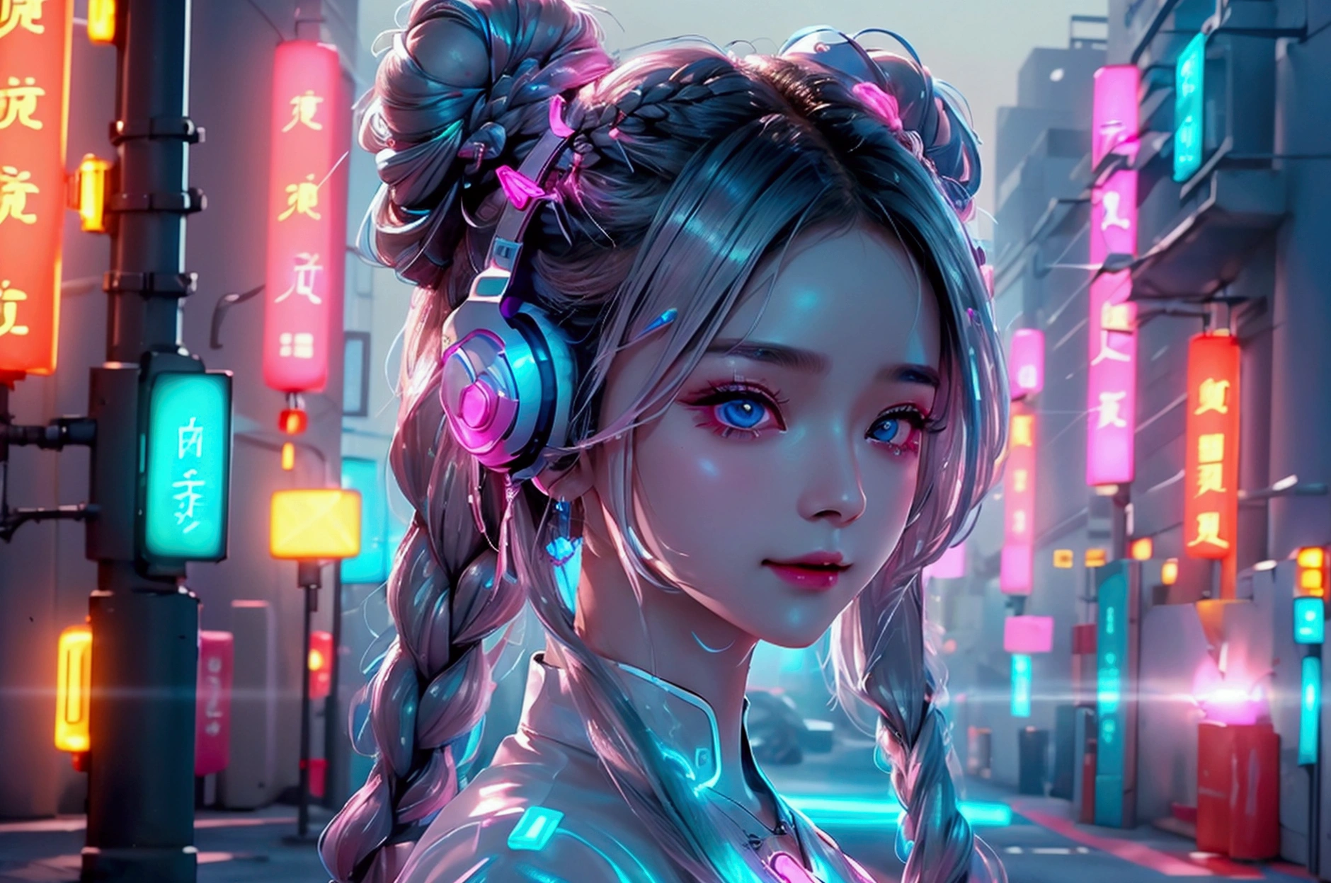 1 woman, Chinese_clothes, liquid silver and pink, Cyber Han,How many guards?,White bra,White underwear with a bow,cyberpunk city, dynamic gesture, Glowing headphones, glowing hair accessories, long hair, glow earrings, Fluorescent necklace, cyberpunk, เมืองที่มีtechnologyสูง, full of mechanical and of the future elements, of the future, technology, glowing neon, pink, Light blue, Clear tool, Transparent beam, laser, City Sky Digital Background, Big Moon, with vehicles, best quality, Masterpiece, 8ก, Edge of character light, Extremely high detail, High quality, The most beautiful woman in humanity, smile a little, The face faces left and right symmetrically., Ear decoration, Beautiful iris light effect, Image data, I have silver-white hair, Hair is not messy, long hair,Two high bun braids hairstyle, Luminous electronic clock, deep eyes, be happy, English Doodle Writing