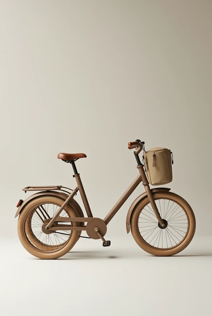 A three-wheeled tricycle based on the Scandinavian aesthetic trend using curved and organic figures , neutral colors, that includes a bag to store things behind the back of the seat, that is light and thin , the seat lower than the handlebars and with pedals