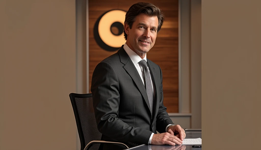 A high-quality, high-resolution image of a realistic recreation of a British news set. (((The scene features a 3 British male news anchor with short, dark brown, slightly wavy, shiny hair)). He is the only person in the scene. He is sitting at a wide, horizontal news desk on the far left side of the image. He sits in a chair, faces forward, and has a happy expression when he speaks. He is wearing a gray business suit. The setting is a modern news studio and the image has an aspect ratio of 16:9.