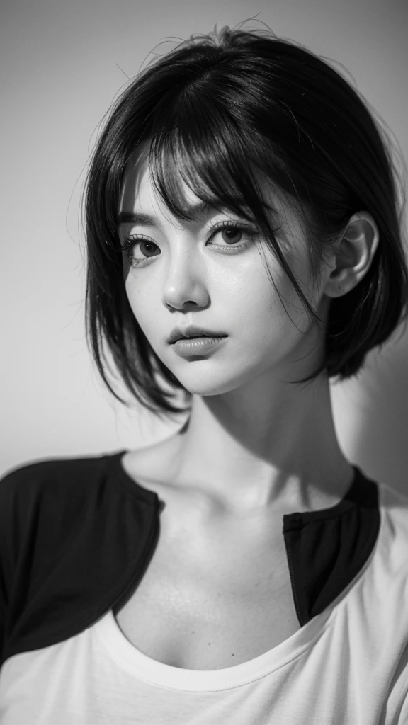 1 woman, alone, monochrome, grayscale, black short hair, portrait, t-shirt, closed mouth, looking at viewer, sketch, graphite \(middle\), small lips, hatching \(group\), Without makeup, upper body, (best illustration), (best quality), (very detailed), (masterpiece), forehead, 20s girl, small eyes, bangs,