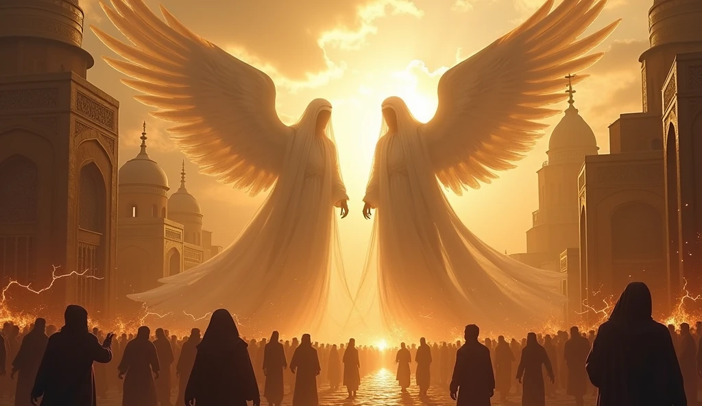 2 tall, big Muslim male angels with faces covered in light descended on the city of Babylon which was full of men who had magical powers. 