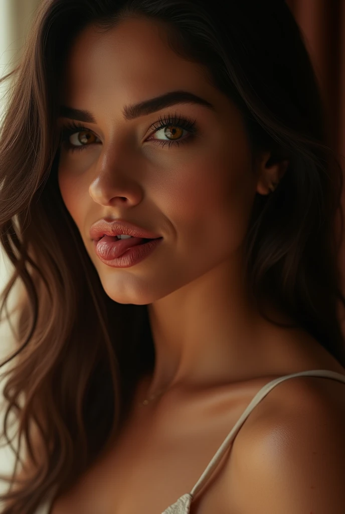 (photorealism:1.2), plus size body, natural pale skin, latina woman, 40 years old, hair flaps, brown hair, longeyelashes, licking lips, seductive smile, disdain, rape face, first-person view, from side, Hyperrealism, anatomically correct, high quality, high details, best quality