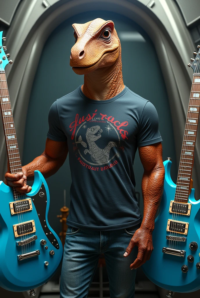 A stylish dinosaur with a rock shirt and jeans inside a rocket with two blue guitars, one on the left and one on the right.
